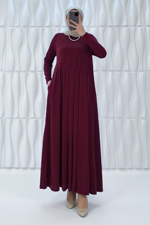 Pileli Cepli Elbise - Bordo