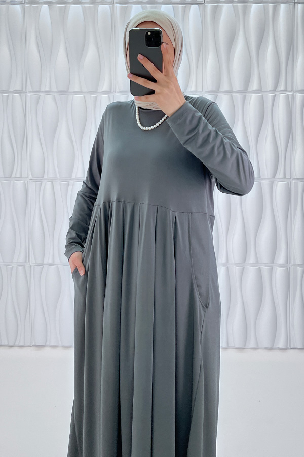 Pileli Cepli Elbise - Gri