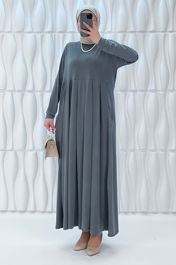Pileli Cepli Elbise - Gri