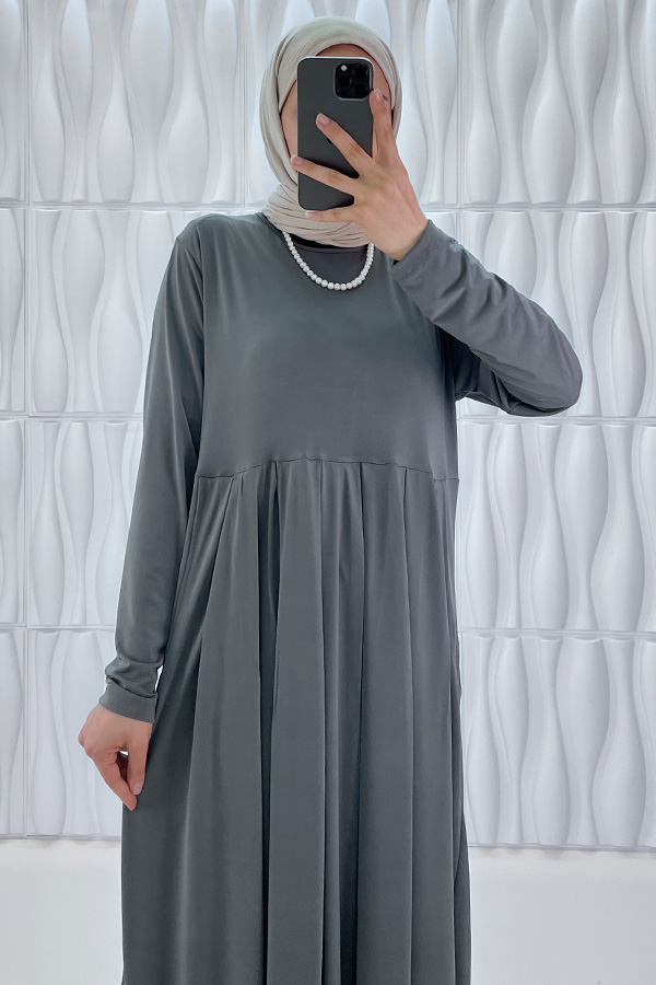 Pileli Cepli Elbise - Gri