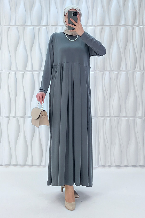 Pileli Cepli Elbise - Gri