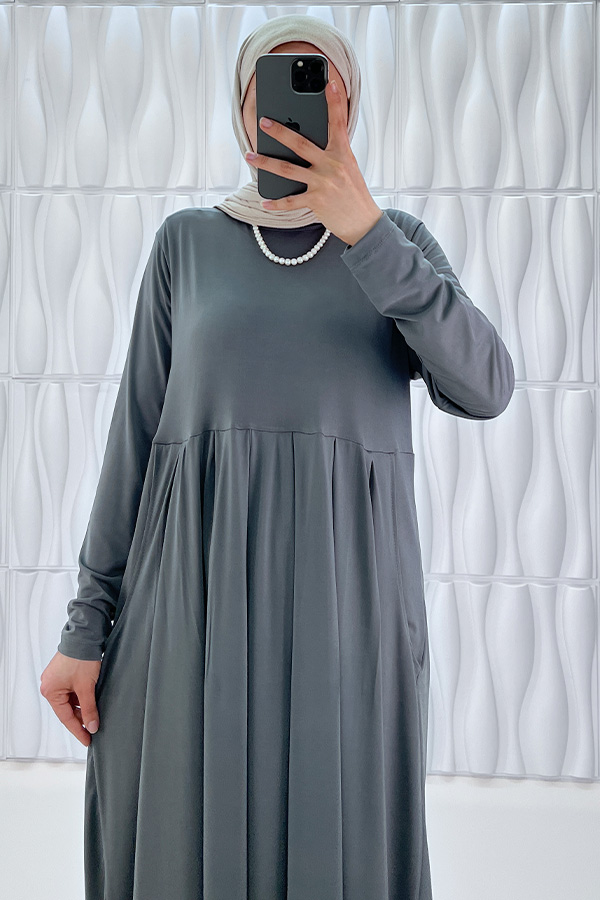 Pileli Cepli Elbise - Gri
