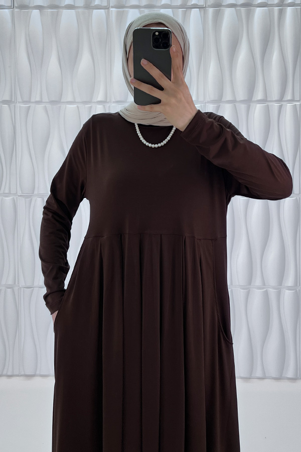 Pileli Cepli Elbise - Kahverengi Pileli Cepli Elbise - Kahverengi