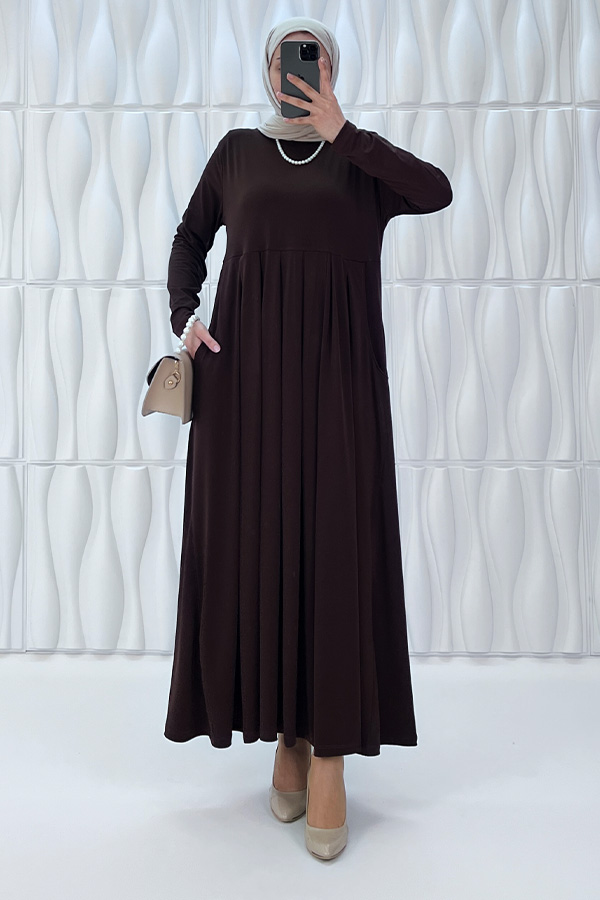 Pileli Cepli Elbise - Kahverengi Pileli Cepli Elbise - Kahverengi