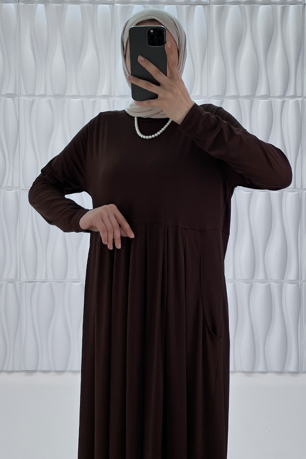 Pileli Cepli Elbise - Kahverengi Pileli Cepli Elbise - Kahverengi