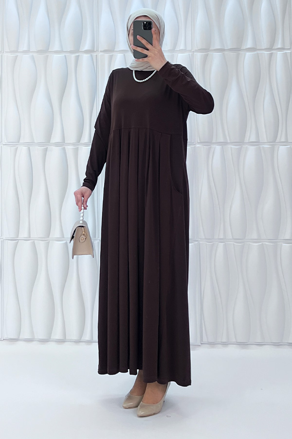 Pileli Cepli Elbise - Kahverengi Pileli Cepli Elbise - Kahverengi