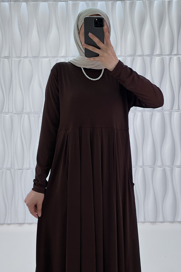 Pileli Cepli Elbise - Kahverengi Pileli Cepli Elbise - Kahverengi