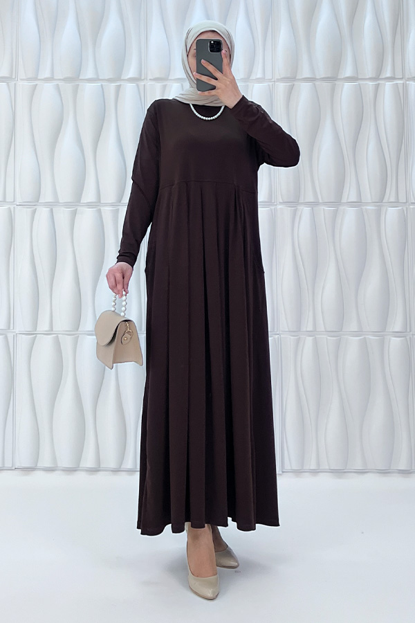 Pileli Cepli Elbise - Kahverengi Pileli Cepli Elbise - Kahverengi