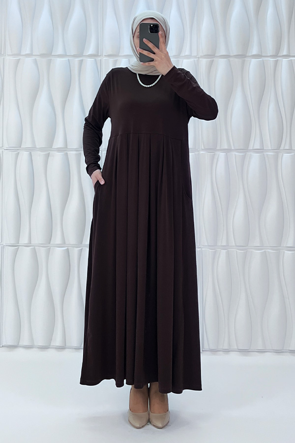 Pileli Cepli Elbise - Kahverengi Pileli Cepli Elbise - Kahverengi