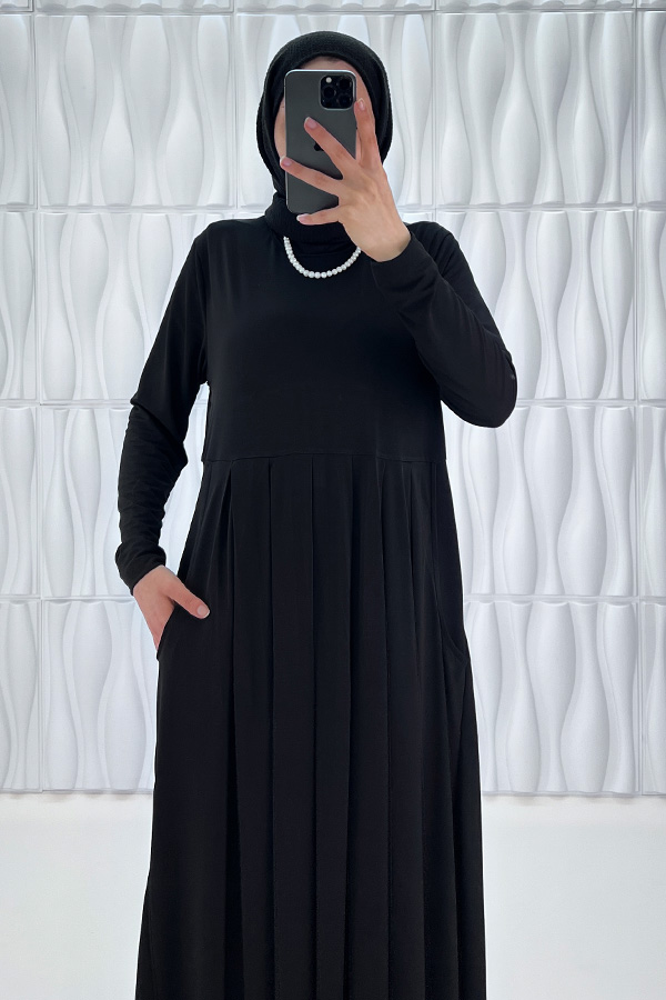 Pileli Cepli Elbise - Siyah