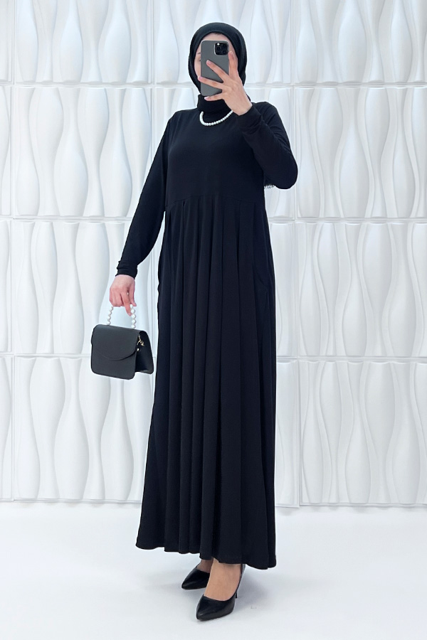 Pileli Cepli Elbise - Siyah