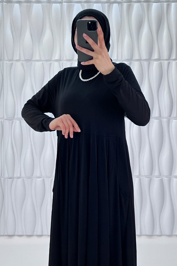 Pileli Cepli Elbise - Siyah