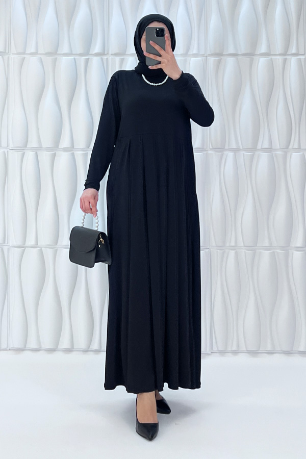 Pileli Cepli Elbise - Siyah