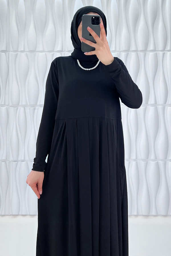 Pileli Cepli Elbise - Siyah