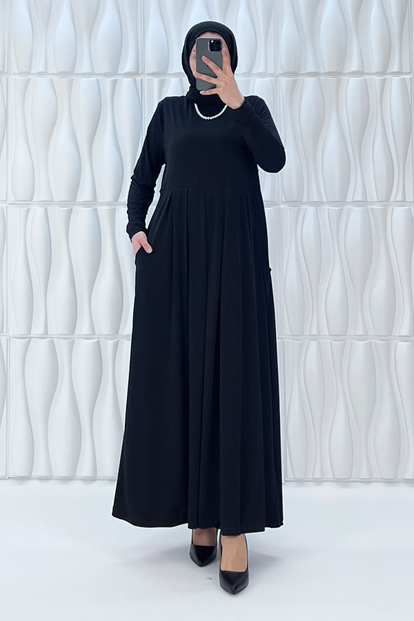 Pileli Cepli Elbise - Siyah