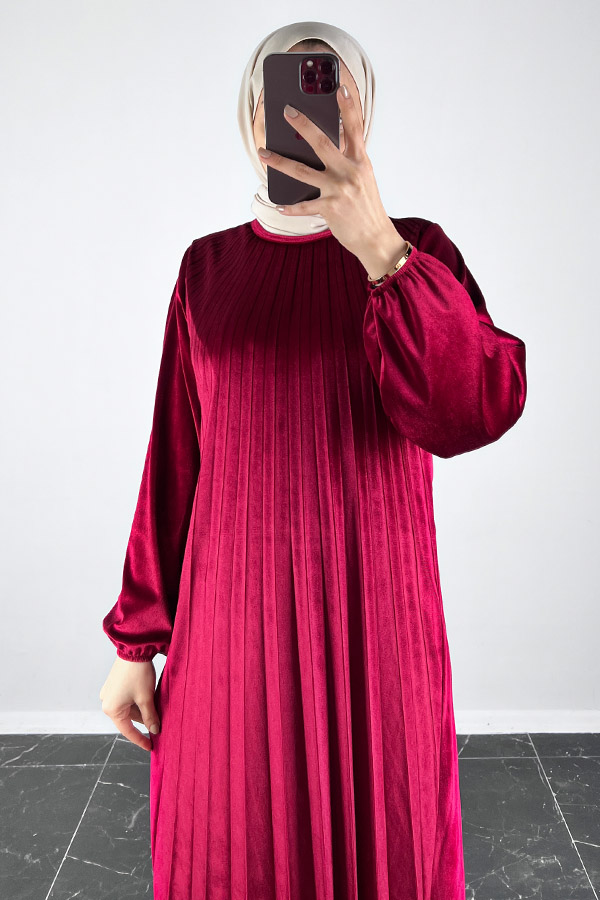 Piliseli Kadife Elbise - Bordo