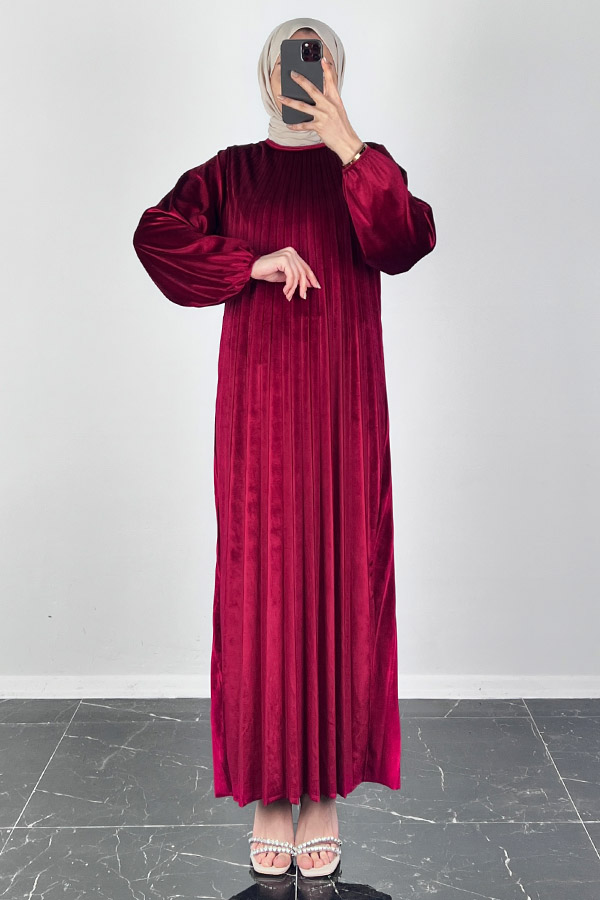 Piliseli Kadife Elbise - Bordo