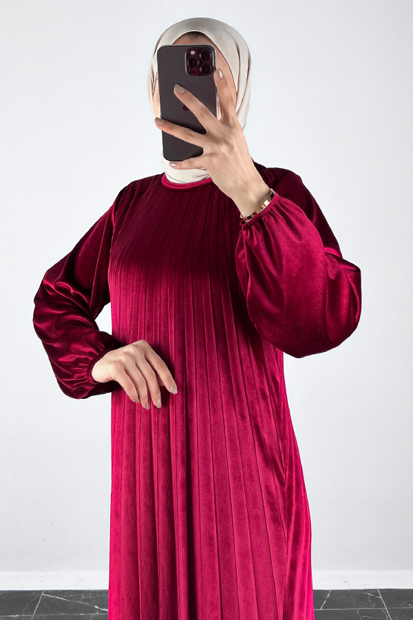 Piliseli Kadife Elbise - Bordo