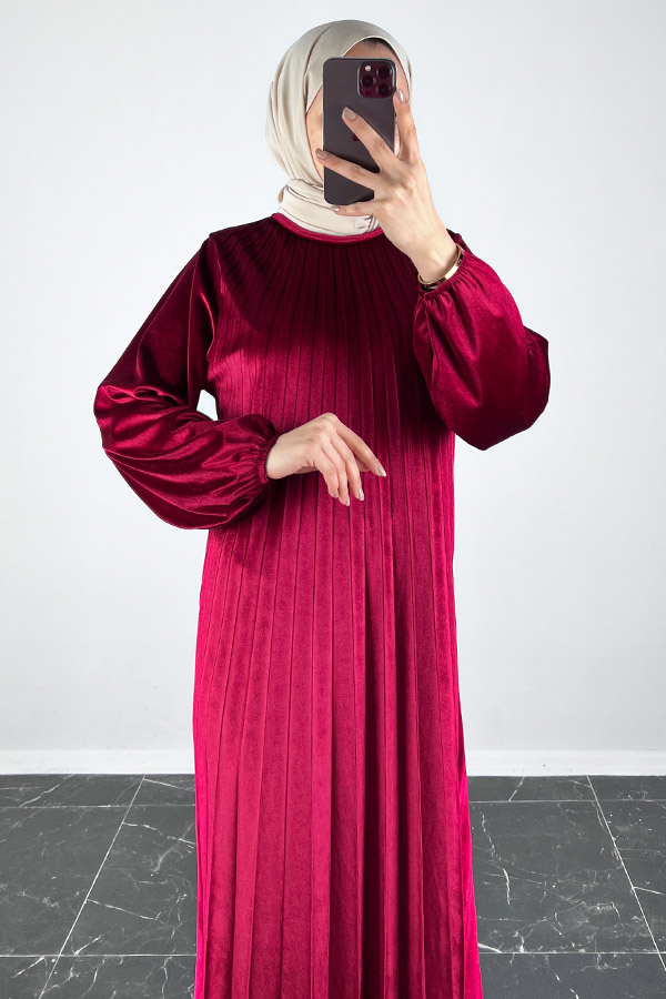 Piliseli Kadife Elbise - Bordo