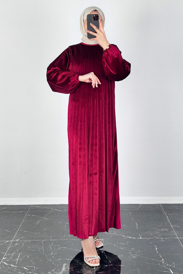 Piliseli Kadife Elbise - Bordo