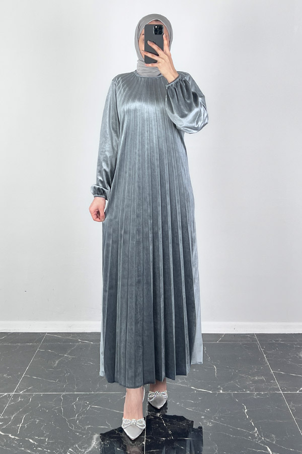 Piliseli Kadife Elbise - Gri Piliseli Kadife Elbise - Gri