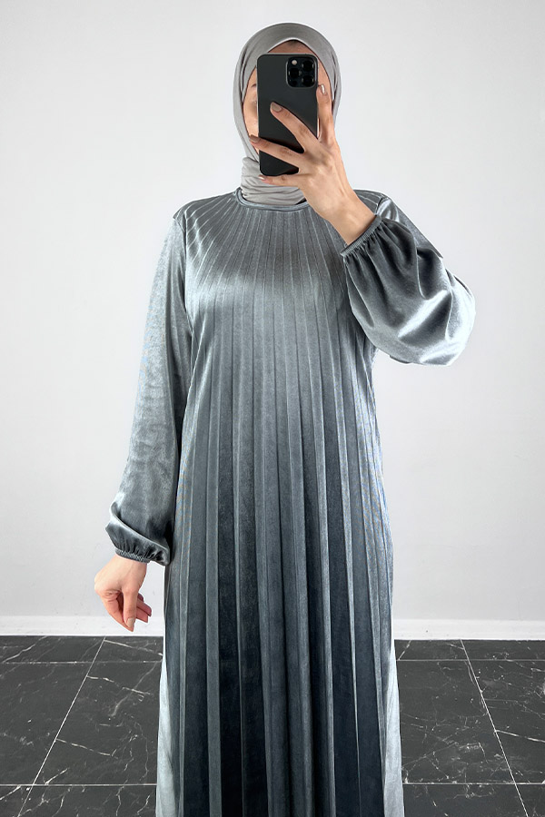 Piliseli Kadife Elbise - Gri Piliseli Kadife Elbise - Gri