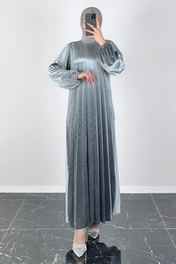 Piliseli Kadife Elbise - Gri Piliseli Kadife Elbise - Gri