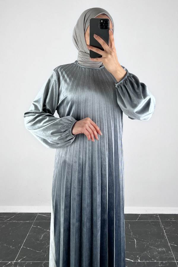 Piliseli Kadife Elbise - Gri Piliseli Kadife Elbise - Gri