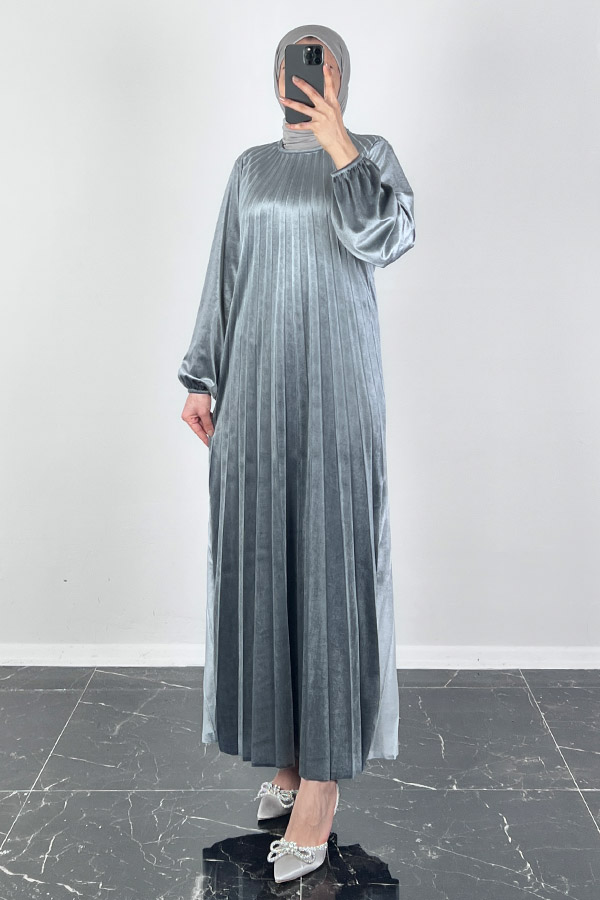 Piliseli Kadife Elbise - Gri Piliseli Kadife Elbise - Gri