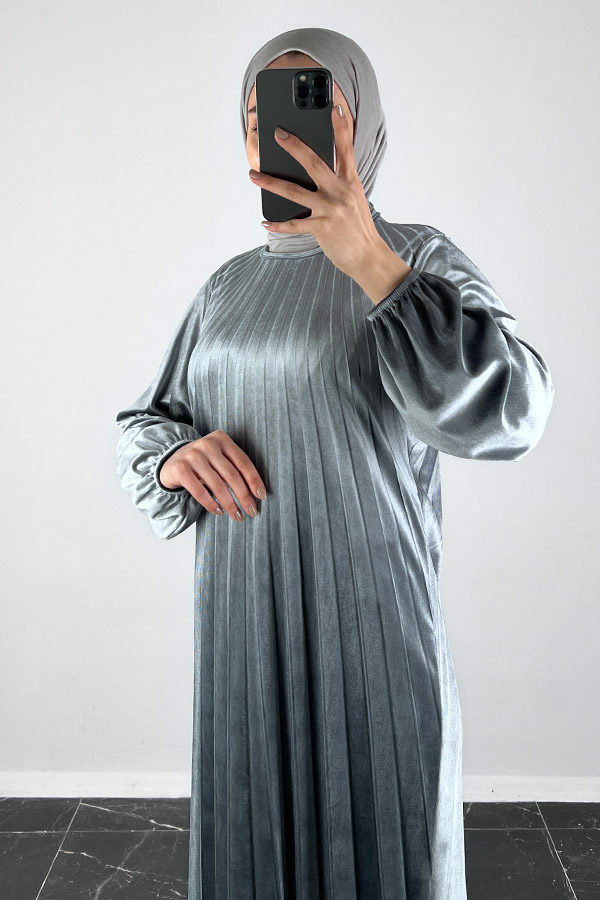 Piliseli Kadife Elbise - Gri Piliseli Kadife Elbise - Gri