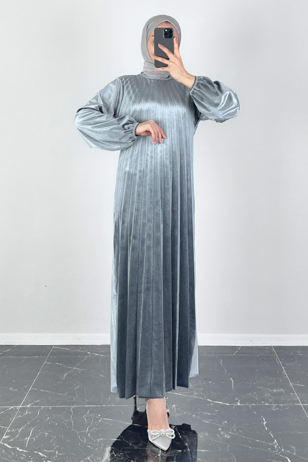 Piliseli Kadife Elbise - Gri Piliseli Kadife Elbise - Gri