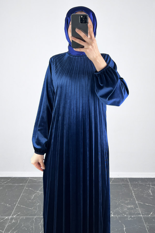 Piliseli Kadife Elbise - Lacivert