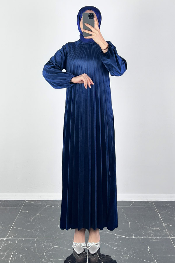 Piliseli Kadife Elbise - Lacivert