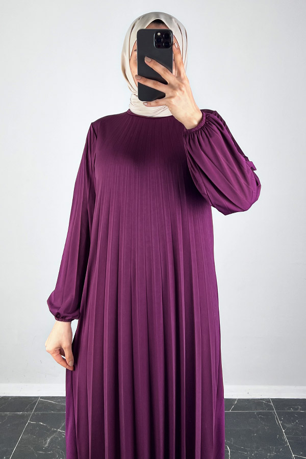 Piliseli Tesettür Elbise - Eflatun Piliseli Tesettür Elbise - Eflatun