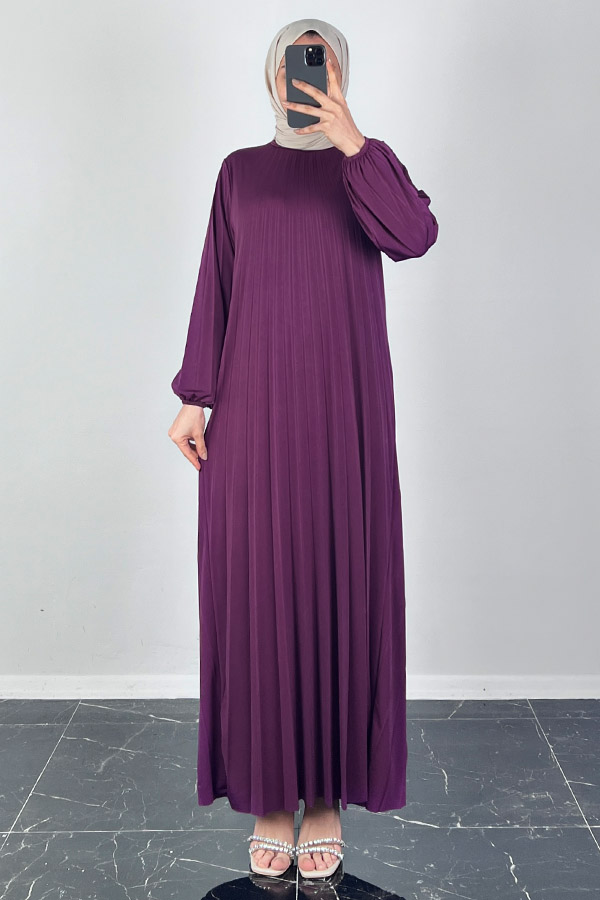 Piliseli Tesettür Elbise - Eflatun Piliseli Tesettür Elbise - Eflatun