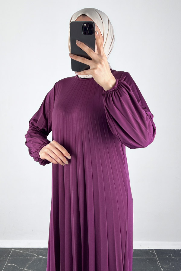 Piliseli Tesettür Elbise - Eflatun Piliseli Tesettür Elbise - Eflatun