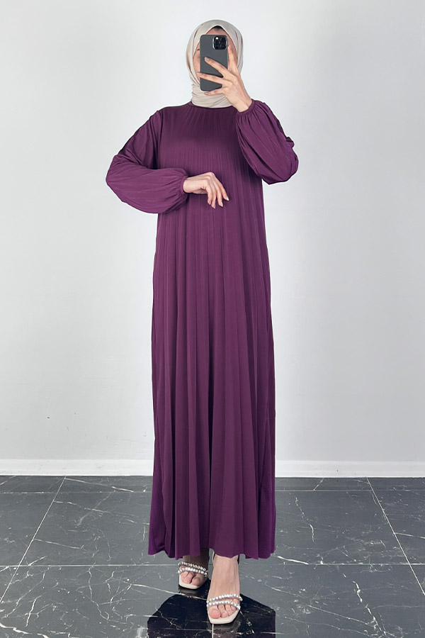 Piliseli Tesettür Elbise - Eflatun Piliseli Tesettür Elbise - Eflatun