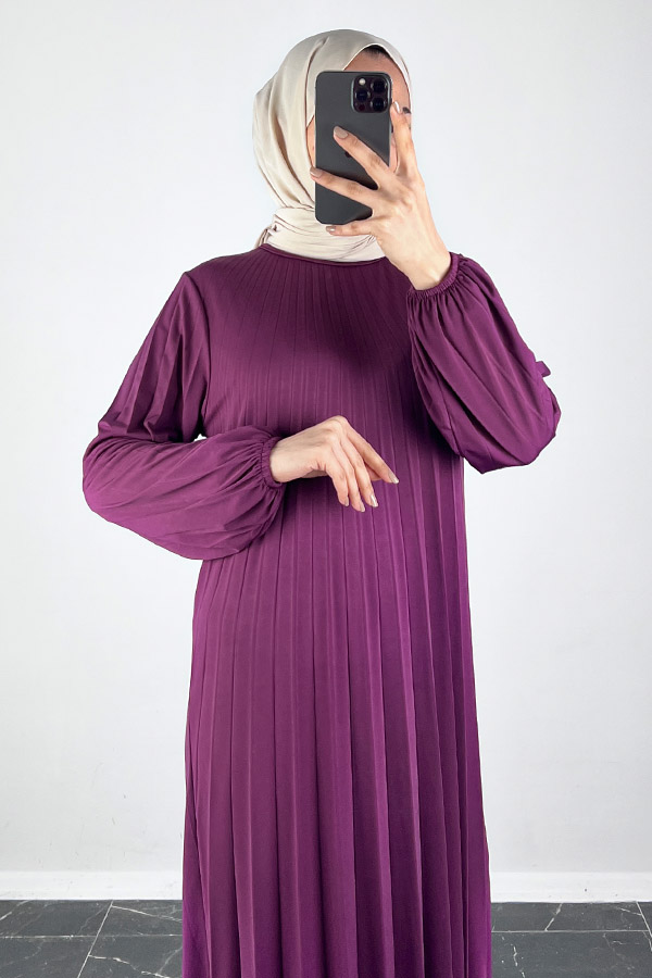 Piliseli Tesettür Elbise - Eflatun Piliseli Tesettür Elbise - Eflatun
