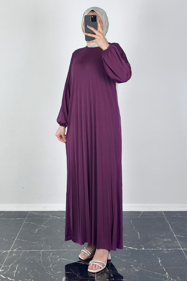 Piliseli Tesettür Elbise - Eflatun Piliseli Tesettür Elbise - Eflatun