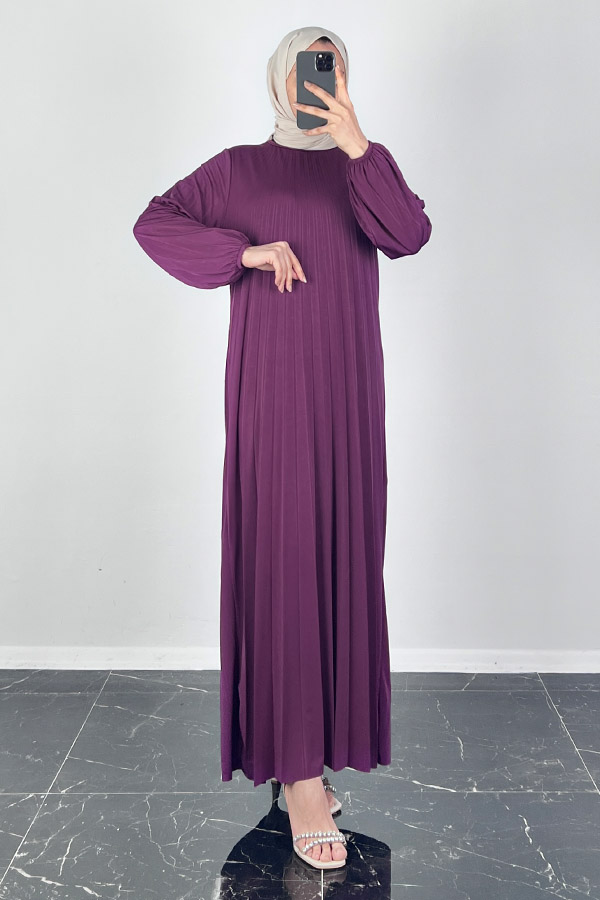 Piliseli Tesettür Elbise - Eflatun Piliseli Tesettür Elbise - Eflatun