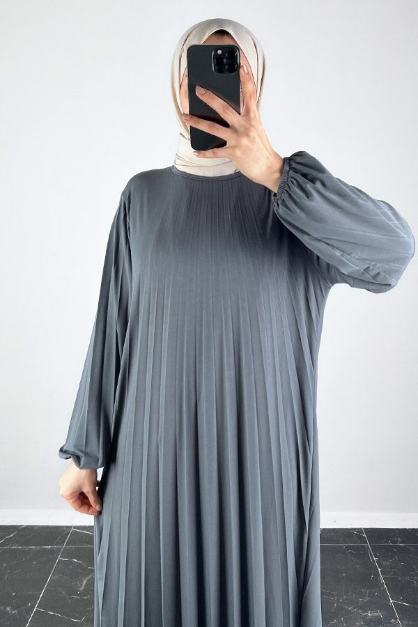 Piliseli Tesettür Elbise - Gri