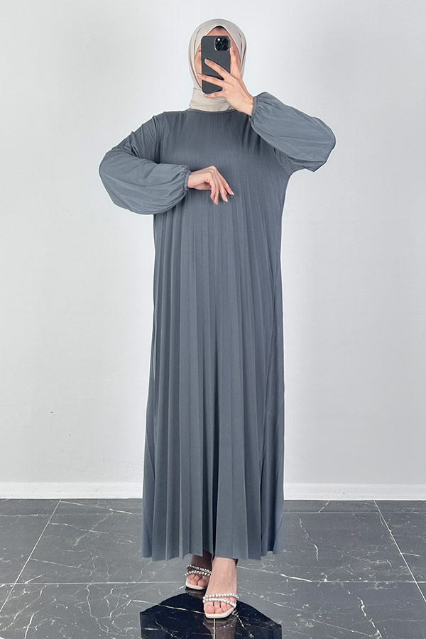 Piliseli Tesettür Elbise - Gri