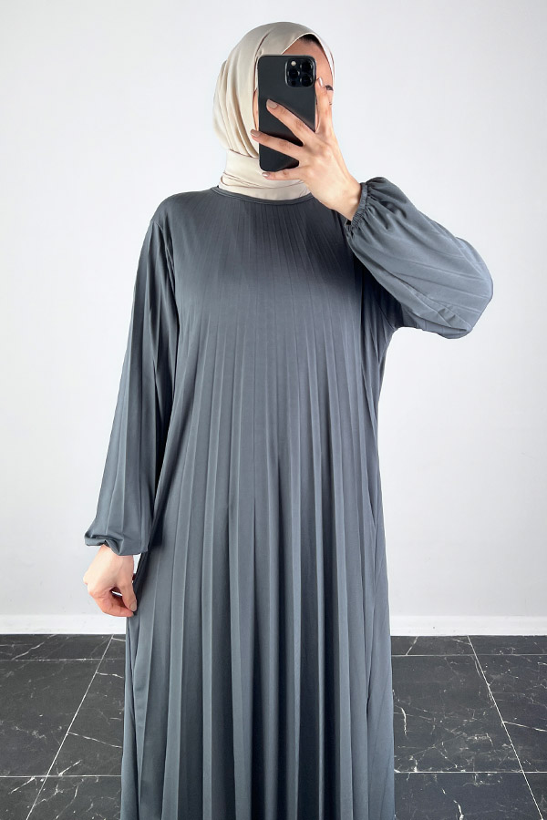 Piliseli Tesettür Elbise - Gri