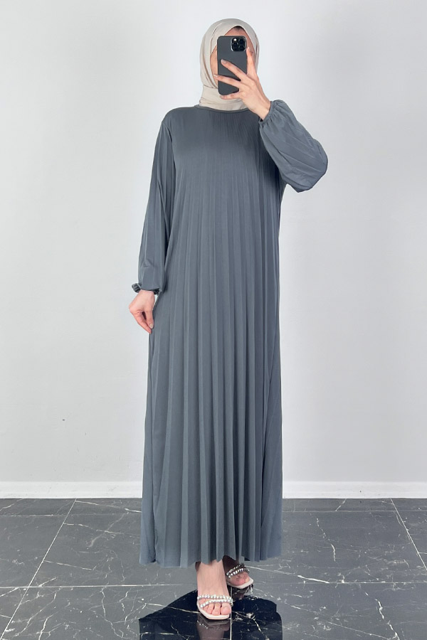 Piliseli Tesettür Elbise - Gri