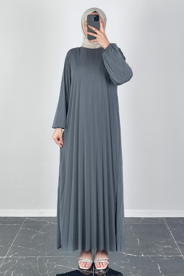 Piliseli Tesettür Elbise - Gri