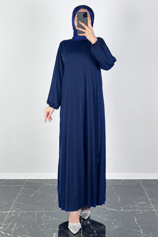 Piliseli Tesettür Elbise - Lacivert Piliseli Tesettür Elbise - Lacivert