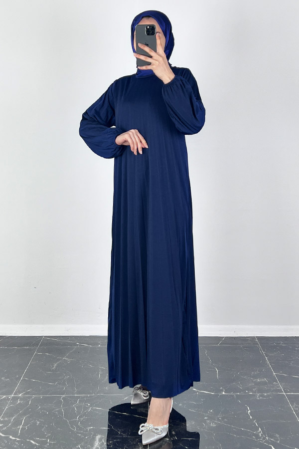 Piliseli Tesettür Elbise - Lacivert Piliseli Tesettür Elbise - Lacivert