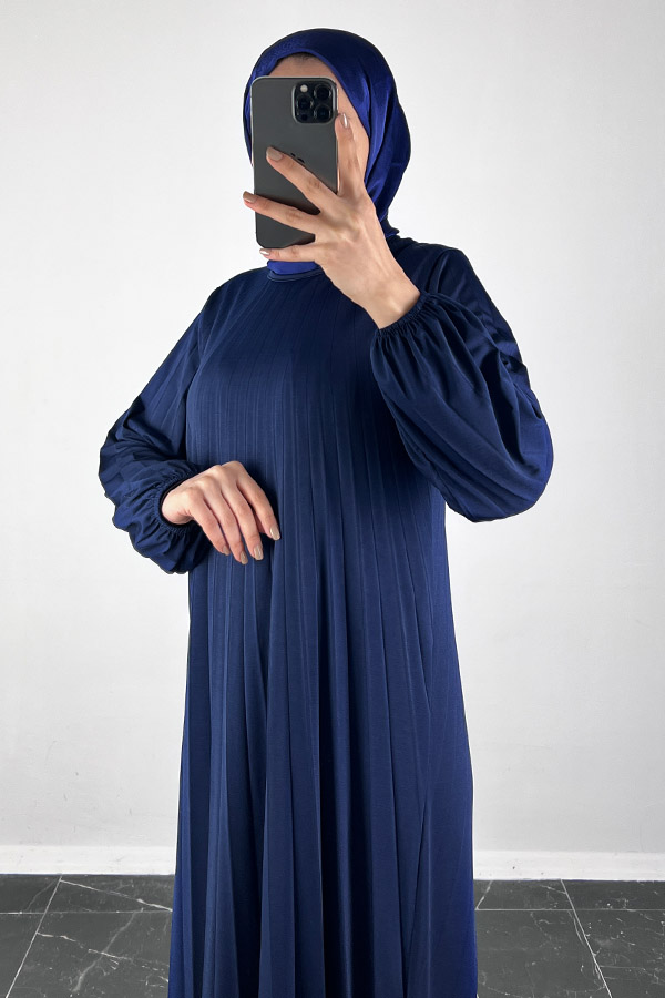 Piliseli Tesettür Elbise - Lacivert Piliseli Tesettür Elbise - Lacivert