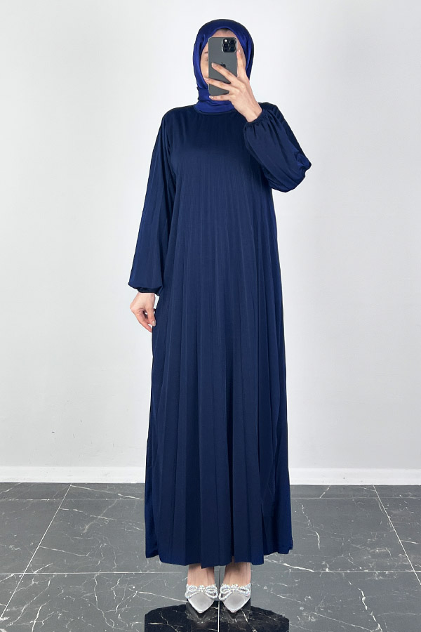 Piliseli Tesettür Elbise - Lacivert Piliseli Tesettür Elbise - Lacivert