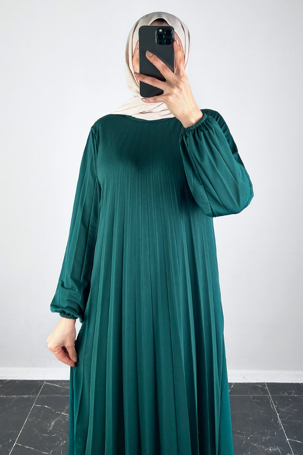 Piliseli Tesettür Elbise - Petrol Mavisi Piliseli Tesettür Elbise - Petrol Mavisi